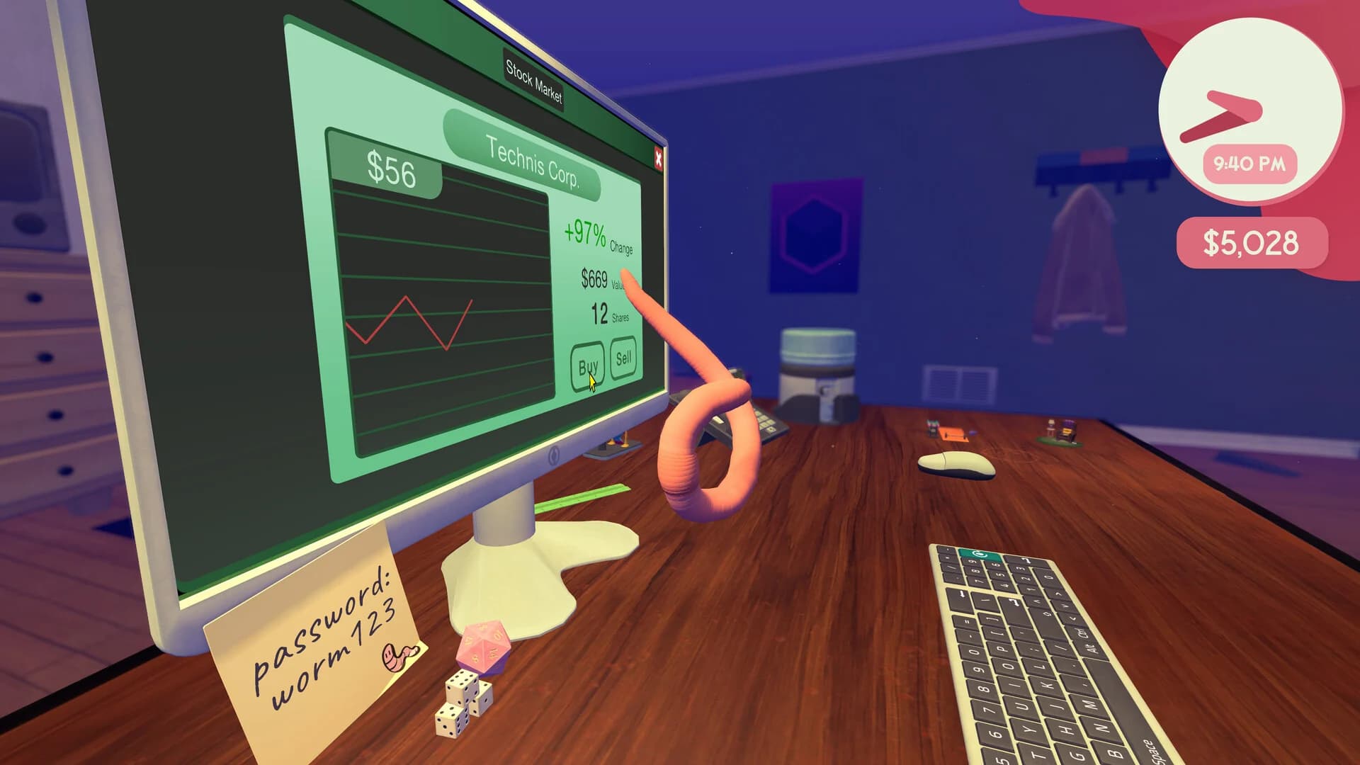 A worm using the in-game stock market from a home office